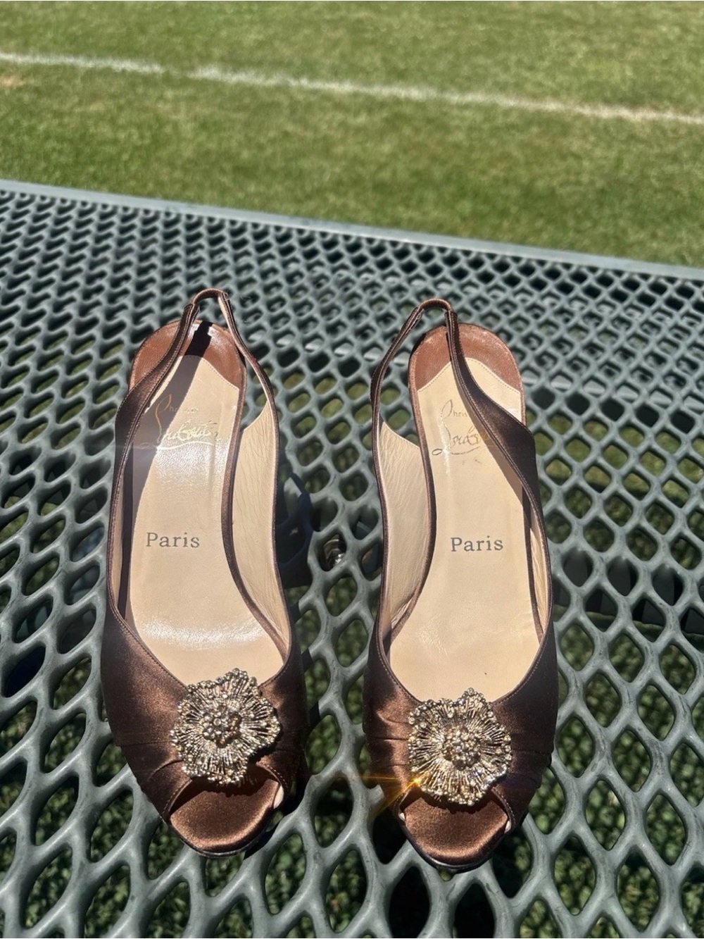 Christian Louboutin FIORELLINO Slingback Pump Leather/Satin Brown 38.5 - Picture 2 of 9